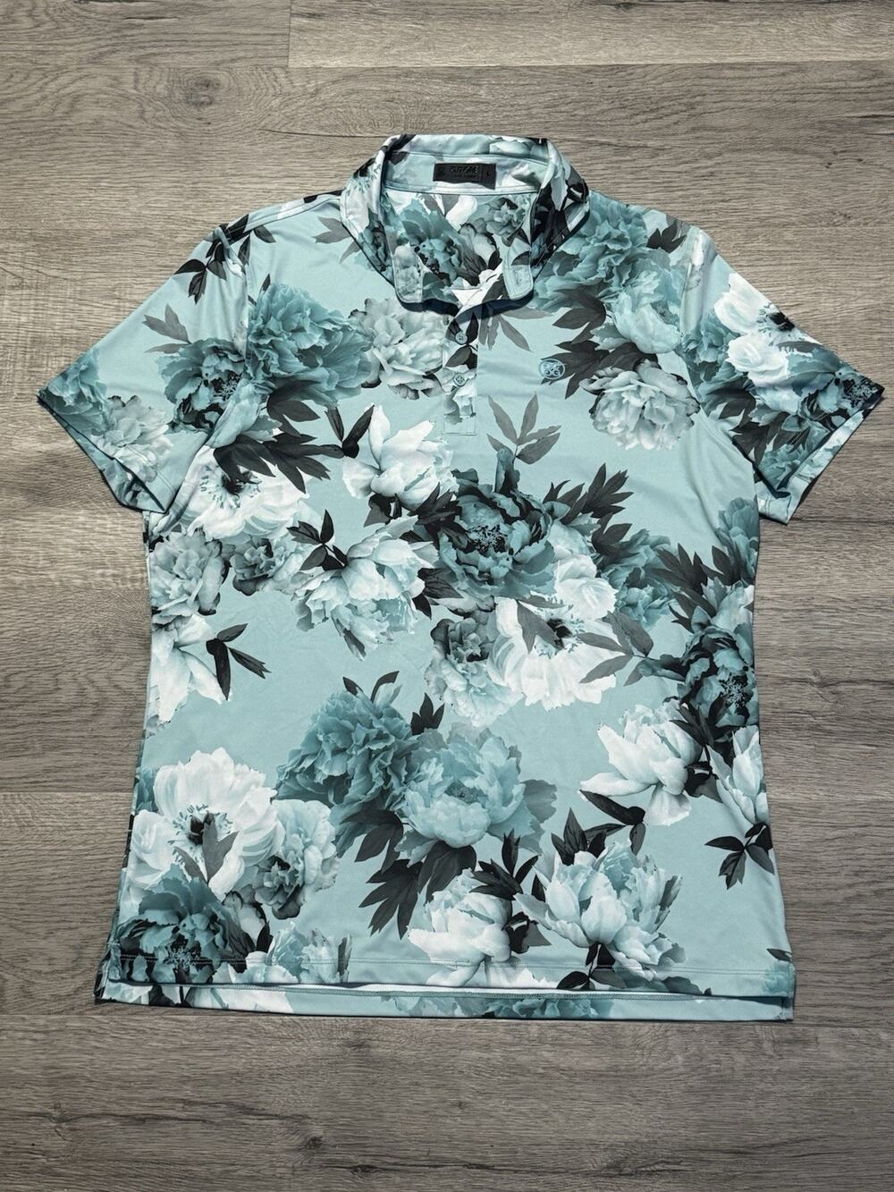 G/Fore Men’s L Golf Polo Shirt Green Blue Floral Print EUC AOP